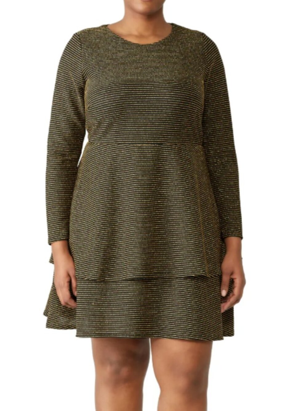 Gorgeous Hutch Metallic Black & Gold Tiered Long-Sleeve Dress stretch 18W